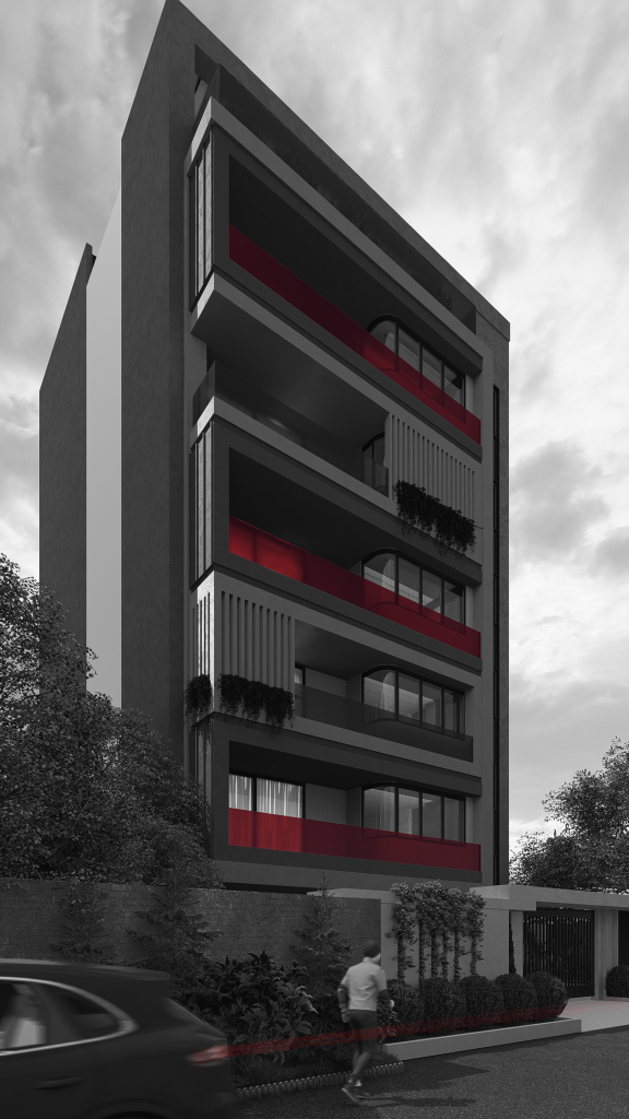 Architectural rendering of a cultural modern five-story apartment facade in Mazandaran, Iran – featuring bold red balcony accents and vertical fins