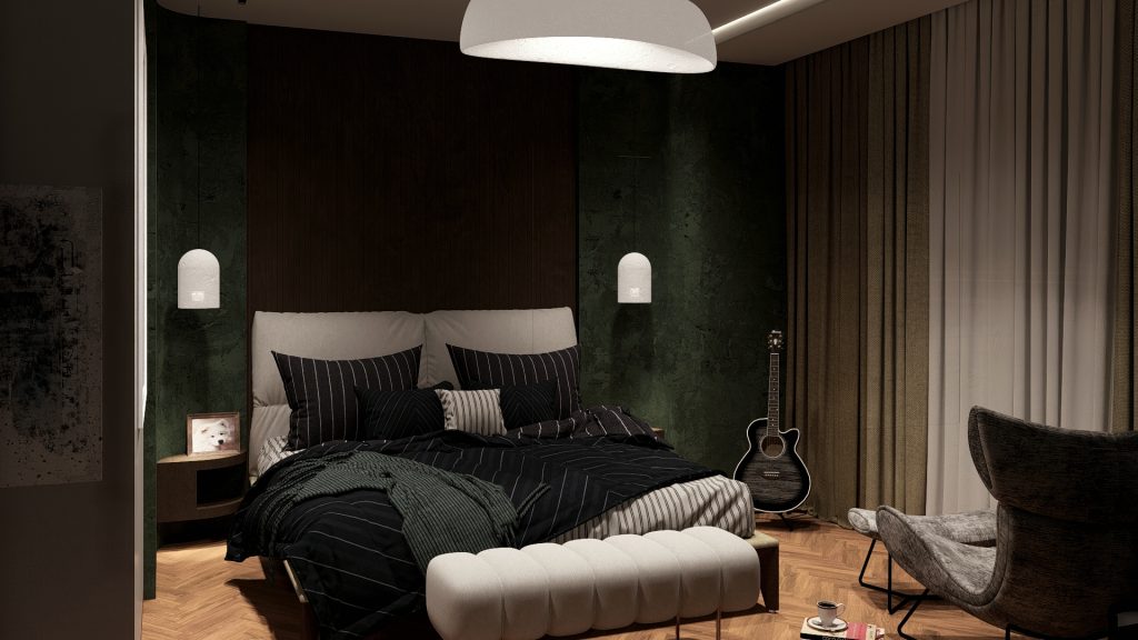 Modern master bedroom in Mazandaran apartment with soft lighting and refined minimalist style