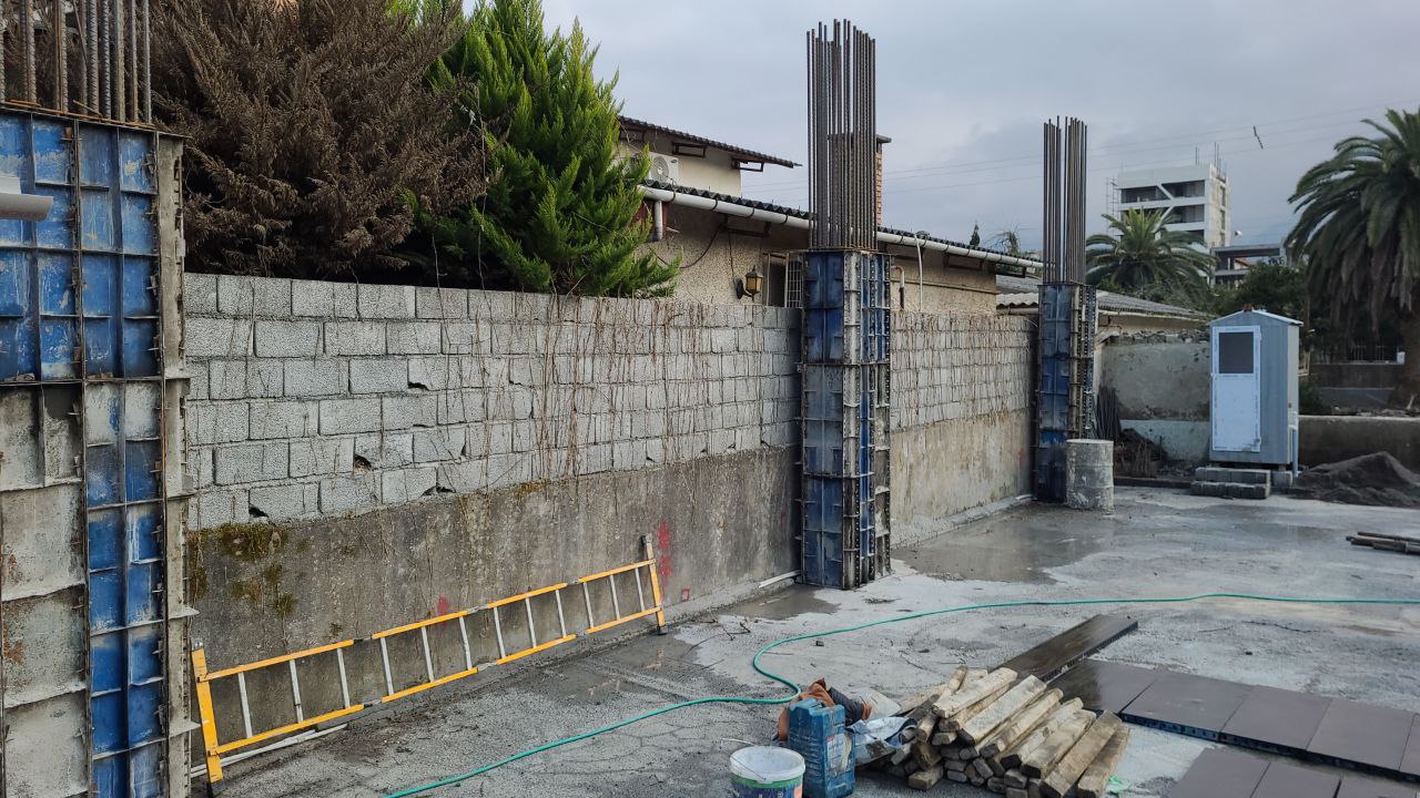 Column formwork setup during structural stage of Redline residential construction project
